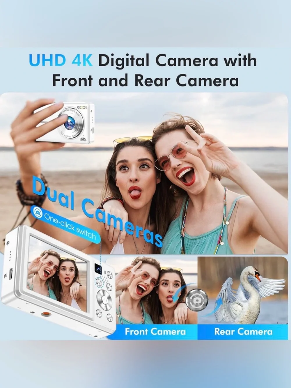 4K Digital Camera, 64MP Autofocus Vlogging Camera with Dual Lens, White